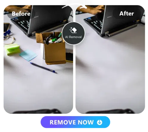 a messy desk photo and objects removed photo side by side